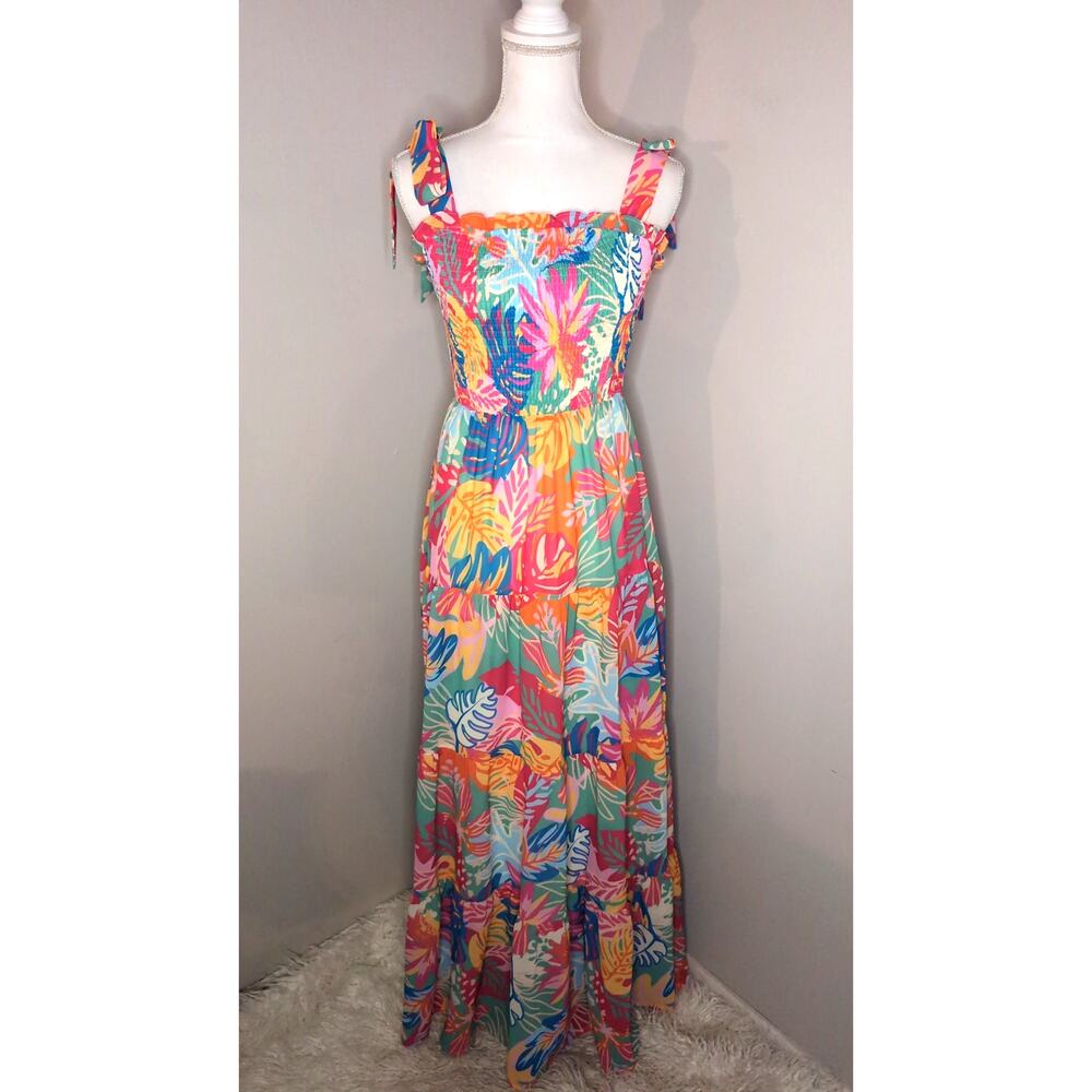 Flying Tomato Medium Tropical Maxi Dress Colorful Floral Vacation Resort